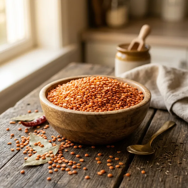 Premium red lentils (masoor daal) in a wooden bowl